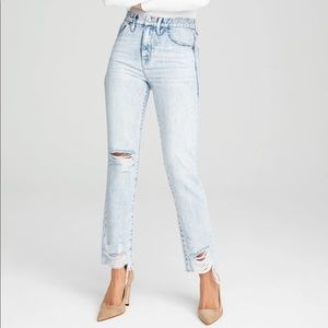 Good American High Waisted Distressed Boot Cut Jeans Blue Denim Size 6